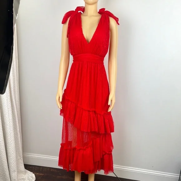 Vici Collection Tiered Tulle Midi Dress Red  Sz large - Picture 3 of 13